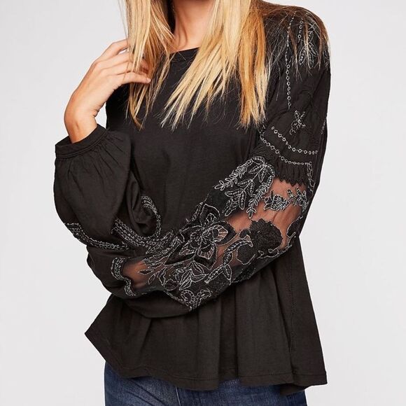 Free People Metallic Embroidered Flounce Hem Dolman Sleeve Penny Tee Black Small - Picture 1 of 10